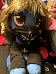 Size: 2429x3238 | Tagged: safe, artist:epicrainbowcrafts, photographer:lightningbolt, species:earth pony, species:pony, bring me the horizon, clothing, coronavirus, covid-19, face mask, irl, male, photo, plushie, ponified, prone, shirt, solo focus, stallion, undead, zombie, zombie pony