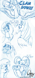 Size: 620x1350 | Tagged: safe, artist:omny87, character:princess skystar, character:silverstream, species:classical hippogriff, species:hippogriff, my little pony: the movie (2017), clam, comic, cousins, dialogue, duo, helmet, monochrome, pun, shelldon, simple background, sketch, spread wings, white background, wings, x eyes
