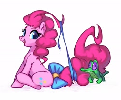 Size: 2176x1806 | Tagged: safe, artist:luciferamon, character:gummy, character:pinkie pie, species:earth pony, species:pony, alligator, bow, cute, diapinkes, ear fluff, female, mare, pi, pi day, ribbon, simple background, sitting, tail bow, white background