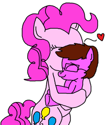Size: 629x724 | Tagged: safe, artist:logan jones, character:pinkie pie, oc, oc:logan berry, species:pony, babysitting, carrying, colt, cradling, glasses, heart, holding a pony, kiss on the head, kissing, male, motherly, motherly love, younger