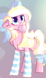 Size: 1143x1904 | Tagged: safe, artist:cloud-fly, artist:heidi, base used, oc, oc only, oc:bay breeze, species:pegasus, species:pony, blushing, bow, clothing, cute, female, hair bow, looking up, mare, mouth hold, simple background, socks, solo, striped socks, tail bow