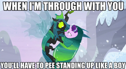 Size: 1280x707 | Tagged: safe, artist:logan jones, edit, edited screencap, editor:logan jones, screencap, character:queen chrysalis, character:starlight glimmer, episode:the ending of the end, g4, my little pony: friendship is magic, caption, cocoon, defeated, dragonzball p, dragonzball peepee, image macro, meme, pure unfiltered evil, reversed gender roles equestria, text, ultimate chrysalis