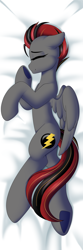 Size: 2362x7086 | Tagged: safe, artist:xcinnamon-twistx, oc, oc only, species:pegasus, species:pony, bed, bed sheets, body pillow, body pillow design, calm, comfy, commission, eyes closed, female, floppy ears, happy, mare, on side, smiling, wings, ych result, your character here