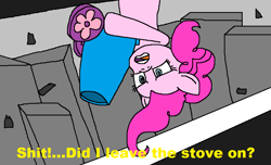 Size: 925x564 | Tagged: safe, artist:logan jones, character:pinkie pie, species:earth pony, species:pony, building, concerned, crap, deadpool, female, highway, hoof hold, implied villain, party cannon, realized, road, solo, subtitles, upside down, vulgar, worried