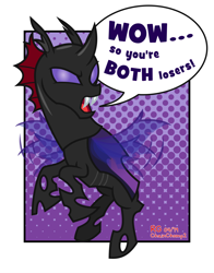 Size: 3300x4200 | Tagged: safe, artist:chainchomp2, character:pharynx, species:changeling, episode:to change a changeling, g4, my little pony: friendship is magic, dialogue, flying, halftone, high res, pharynx is not amused, solo, speech bubble, unamused, vector