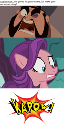 Size: 796x1561 | Tagged: safe, artist:mega-poneo, edit, edited screencap, screencap, character:spoiled rich, species:earth pony, species:human, species:pony, episode:crusaders of the lost mark, g4, my little pony: friendship is magic, angry, comic, crossover, dialogue, female, kapow, male, mare, mulan, punch, screencap comic, yao