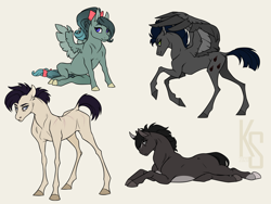 Size: 2000x1500 | Tagged: safe, artist:dementra369, oc, oc only, oc:coffin, oc:morgana stein, oc:noize, oc:ruby drop, species:earth pony, species:pegasus, species:pony, species:unicorn, bow, female, filly, foal, looking at you, lying down, male, mare, scar, sitting, stallion, wings
