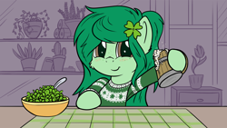 Size: 1920x1080 | Tagged: safe, artist:pirill, character:wallflower blush, species:earth pony, species:pony, alcohol, beer, blushing, bowl, cactus, cheek fluff, clothing, clover, equestria girls ponified, female, freckles, holiday, hoof hold, irish, looking at you, mare, mug, ponified, potted plant, saint patrick's day, smiling, solo, succulent, sweater, toilet paper, when you see it, window