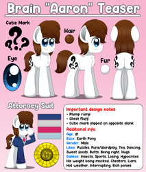Size: 5100x5999 | Tagged: safe, artist:aarondrawsarts, oc, oc:brain teaser, species:earth pony, species:pony, both cutie marks, butt, chest fluff, clothing, earth pony oc, glasses, male, plot, reference sheet, suit