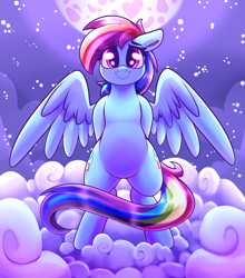 Size: 1500x1706 | Tagged: safe, artist:graphene, character:rainbow dash, species:pegasus, species:pony, g4, belly, bipedal, cloud, cute, dashabetes, eyebrows, eyebrows visible through hair, female, floppy ears, full moon, looking at you, mare, moon, night, plump, redraw, sky, smiling, solo, spread wings, starry night, stars, wings