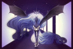Size: 1280x854 | Tagged: safe, artist:dementra369, character:princess luna, species:alicorn, species:pony, alternate hairstyle, cloven hooves, ethereal mane, female, hoers, hybrid wings, looking at you, mare, solo, space, spread wings, stars, white eyes, wing claws, wings