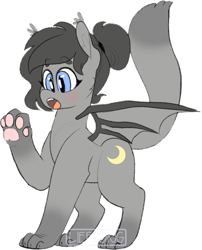 Size: 685x848 | Tagged: safe, artist:liefsong, oc, oc only, oc:crescent, beanbrows, cutie mark, eyebrows, fangs, hair bun, patreon, paws, simple background, species swap, surprised, watermark