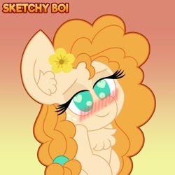Size: 1280x1280 | Tagged: safe, artist:snakeythingy, character:pear butter, episode:the perfect pear, g4, my little pony: friendship is magic, blushing, chest fluff, gradient background, heart eyes, implied bright mac, implied brightbutter, wingding eyes