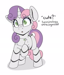 Size: 1737x2048 | Tagged: safe, artist:partylikeanartist, character:sweetie belle, species:pony, species:unicorn, sweetie bot, cute, dialogue, diasweetes, female, open mouth, robot, robot pony, simple background, solo, white background