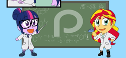 Size: 999x461 | Tagged: safe, artist:advanceddefense, artist:bluecarnationstudios, character:sunset shimmer, character:twilight sparkle, character:twilight sparkle (scitwi), species:eqg human, comic:the amazonian effect, my little pony:equestria girls, advertisement, amazonian, chalkboard, chibi, comic, explicit series, looney tunes, patreon, patreon logo, patreon preview, preview, speedy gonzales