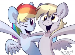 Size: 1024x755 | Tagged: safe, artist:pixel-prism, character:derpy hooves, character:rainbow dash, species:pegasus, species:pony, duo, happy, one eye closed, open mouth, selfie, side hug, signature, smiling, wink