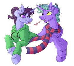 Size: 3296x2920 | Tagged: safe, artist:amazing-artsong, oc, oc only, oc:aveon, oc:lilac, species:pony, species:unicorn, clothing, female, high res, hoodie, male, mare, prone, scarf, simple background, stallion, transparent background
