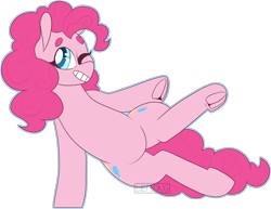 Size: 2258x1743 | Tagged: safe, artist:liefsong, character:pinkie pie, species:earth pony, species:pony, beanbrows, eyebrows, female, frog (hoof), grin, one eye closed, simple background, smiling, smiling at you, solo, transparent background, underhoof, wink, winking at you