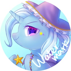 Size: 1024x1024 | Tagged: safe, artist:leafywind, character:trixie, species:pony, bracelet, bust, button, cute, diatrixes, ear fluff, female, jewelry, looking at you, mare, portrait, profile, simple background, solo, starry eyes, stars, watermark, white background, wingding eyes