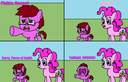 Size: 1279x820 | Tagged: safe, artist:logan jones, character:pinkie pie, oc, oc:logan berry, species:pony, colt, drama king, force of habit, habit, implied danger, implied twilight sparkle, male, melodramatic, meme, misnaming, ponified meme, the simpsons, younger