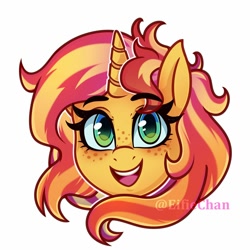 Size: 1500x1500 | Tagged: safe, artist:eifiechan, character:sunset shimmer, species:pony, species:unicorn, :d, bust, cute, female, freckles, happy, head only, looking at you, mare, open mouth, portrait, shimmerbetes, simple background, smiling, solo, white background