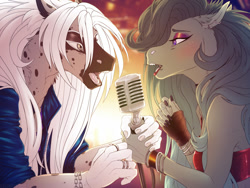 Size: 1280x960 | Tagged: safe, artist:dementra369, oc, oc only, oc:noize, oc:rin frost, species:anthro, species:pony, anthro oc, clothing, couple, duet, eye contact, female, lip piercing, lipstick, long hair, looking at each other, male, mare, microphone, open mouth, piercing, singing, stallion