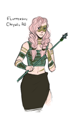Size: 382x640 | Tagged: safe, artist:demdoodles, character:fluttershy, species:human, episode:the cutie re-mark, alternate timeline, belly button, braid, chrysalis resistance timeline, female, humanized, midriff, simple background, solo, spear, tribal marking, tribalshy, weapon, white background