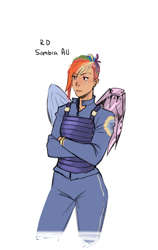 Size: 404x640 | Tagged: safe, artist:demdoodles, character:rainbow dash, species:human, episode:the cutie re-mark, alternate timeline, amputee, apocalypse dash, artificial wings, augmented, crystal war timeline, female, humanized, prosthetic limb, prosthetic wing, prosthetics, scar, simple background, solo, white background, wings