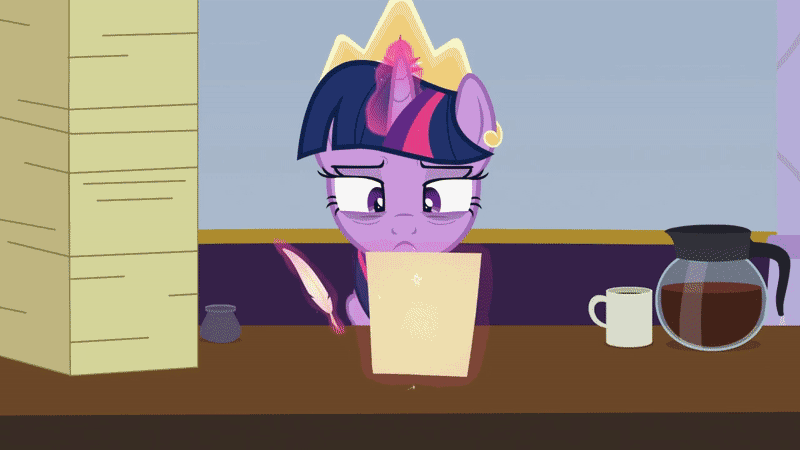 Size: 800x450 | Tagged: safe, artist:forgalorga, edit, character:twilight sparkle, character:twilight sparkle (alicorn), species:alicorn, species:pony, episode:the last problem, g4, my little pony: friendship is magic, my little pony:pony life, animated, coffee, crown, drama, female, in-universe pegasister, inkwell, jewelry, magic, op is a duck, pony life drama, quill, regalia, tearing, twilight is not amused, unamused