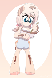 Size: 2900x4300 | Tagged: safe, artist:aarondrawsarts, oc, oc only, oc:daisy cakes, species:deer, apron, baking, bipedal, bow, clothing, cloven hooves, deer oc, freckles, hair bow, messy, original species, solo, stirring