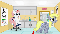 Size: 6000x3422 | Tagged: safe, artist:blackgryph0n, character:derpy hooves, character:nurse redheart, species:earth pony, species:pegasus, species:pony, absurd resolution, duo, duo female, eye chart, eye exam, fail, female, hospital, mare, vector