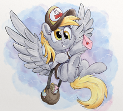 Size: 3840x3479 | Tagged: safe, artist:pirill, character:derpy hooves, species:pegasus, species:pony, cheek fluff, clothing, cute, derpabetes, ear fluff, envelope, female, flying, hat, high res, mailbag, mailmare, mailmare hat, mare, package, smiling, solo, wings