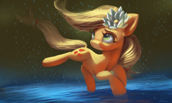 Size: 4719x2836 | Tagged: safe, artist:auroriia, character:applejack, species:earth pony, species:pony, cute, dock, female, flower, flower in hair, hatless, high res, jackabetes, mare, missing accessory, rain, solo