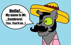 Size: 947x605 | Tagged: safe, artist:logan jones, character:king sombra, broken horn, clothing, disguise, fake moustache, horn, king sombrero, light blue background, male, marge vs the monorail, paper-thin disguise, shirt, sombrero, the simpsons