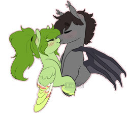 Size: 788x699 | Tagged: safe, artist:liefsong, oc, oc only, oc:lief, oc:windwalker, species:bat pony, species:hippogriff, species:pegasus, species:pony, blushing, bust, couple, cute, ear blush, eyes closed, feathered fetlocks, kissing, simple background, transparent background, unshorn fetlocks, wief, wings