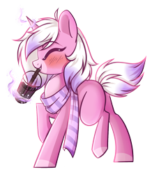 Size: 1012x1162 | Tagged: safe, artist:cloud-fly, oc, oc only, species:pony, species:unicorn, blushing, clothing, coffee, eyes closed, female, magic, mare, scarf, simple background, solo, telekinesis, transparent background