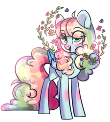 Size: 1028x1144 | Tagged: safe, artist:cloud-fly, oc, oc only, oc:radiant charm, species:pegasus, species:pony, eye clipping through hair, female, flower, mare, simple background, solo, transparent background, ych result