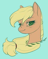 Size: 1280x1554 | Tagged: safe, artist:aphphphphp, character:applejack, species:pony, blue background, bust, colored pupils, cute, female, hatless, jackabetes, lidded eyes, looking at you, mare, missing accessory, portrait, simple background, solo