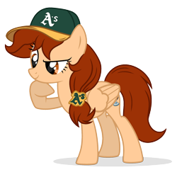 Size: 680x680 | Tagged: safe, artist:rioshi, artist:starshade, oc, oc only, oc:vanilla creame, species:pegasus, species:pony, alcohol, baseball cap, beer, cap, clothing, curious, hat, oakland athletics, shadow, simple background, solo, transparent background