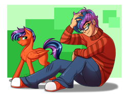 Size: 2365x1760 | Tagged: safe, artist:jack-pie, oc, oc:alexander, species:human, species:pegasus, species:pony, clothing, converse, cute, glasses, hair over one eye, handsome, human ponidox, humanized, looking at you, pants, ponidox, self ponidox, shoes, signature, smiling, solo