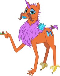 Size: 3001x3831 | Tagged: safe, artist:pirill, oc, oc only, oc:hoofs, species:pony, april fools, banana, bow, cutie mark, deviantart, eyeshadow, facial hair, food, horn, lips, lipstick, makeup, male, meta, moustache, original species, saddle arabian, seductive, show accurate, simple background, snail, solo, stallion, tail bow, transparent background, vector, wat, wings