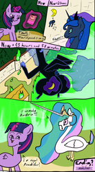 Size: 1190x2160 | Tagged: safe, artist:mostlymlpanthroporn, character:nightmare moon, character:princess celestia, character:princess luna, character:twilight sparkle, character:twilight sparkle (alicorn), species:alicorn, species:pony, dialogue, female, prank, stylistic suck