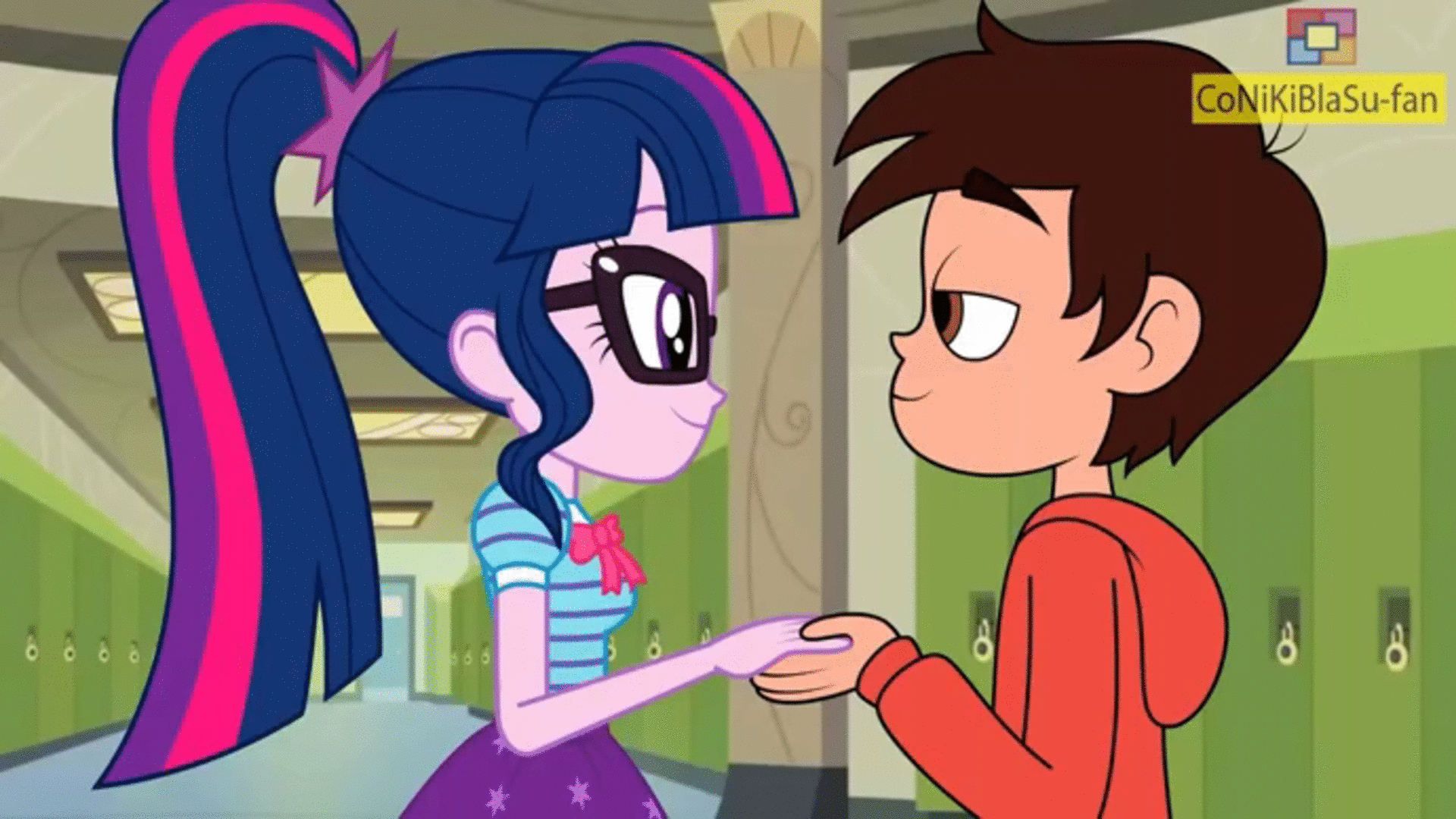 Size: 1920x1080 | Tagged: safe, artist:conikiblasu-fan, character:twilight sparkle, character:twilight sparkle (scitwi), species:eqg human, my little pony:equestria girls, animated, crossover, crossover shipping, female, glasses, kissing, male, marco diaz, ponytail, shipping, star vs the forces of evil, twilco
