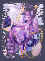 Size: 2249x3000 | Tagged: safe, artist:leafywind, character:twilight sparkle, character:twilight sparkle (alicorn), species:alicorn, species:pony, book, bookshelf, candle, clock, cloud, colored pupils, female, high res, mare, missing cutie mark, pocket watch, solo, tree branch