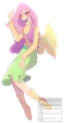 Size: 1345x2600 | Tagged: safe, artist:manella-art, character:fluttershy, species:human, clothing, female, humanized, simple background, skirt, solo, sweater, sweatershy, white background, winged humanization, wings