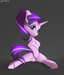 Size: 1700x2000 | Tagged: safe, artist:shido-tara, character:starlight glimmer, species:pony, species:unicorn, chest fluff, featureless crotch, female, looking back, sitting, solo