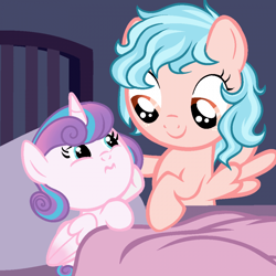 Size: 960x960 | Tagged: safe, artist:awoomarblesoda, artist:xcinnamon-twistx, character:cozy glow, character:princess flurry heart, species:alicorn, species:pegasus, species:pony, a better ending for cozy, cozybetes, cute, duo, female, filly, flurrybetes, foal, looking at each other, ych result