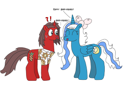 Size: 3264x2448 | Tagged: safe, artist:supahdonarudo, oc, oc only, oc:fleurbelle, oc:ironyoshi, species:alicorn, species:pony, species:unicorn, alicorn oc, bow, clothing, exclamation point, happy, ironbelle, question mark, shipping, shirt, simple background, surprised, sweat, transparent background