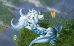 Size: 3200x2000 | Tagged: safe, artist:shido-tara, oc, species:alicorn, species:pony, alicorn oc, blue eyes, butterfly, cloud, commission, grass, lying down, mountain, river, watching in camera, wood