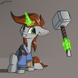 Size: 1700x1700 | Tagged: safe, artist:shido-tara, oc, oc:littlepip, species:pony, species:unicorn, fallout equestria, chest fluff, clothing, crossover, ear fluff, fanfic, fanfic art, female, glowing horn, gray background, grin, hammer, hooves, horn, levitation, magic, mare, mjölnir, pipbuck, simple background, sitting, smiley face, smiling, solo, telekinesis, vault suit, war hammer, worthy